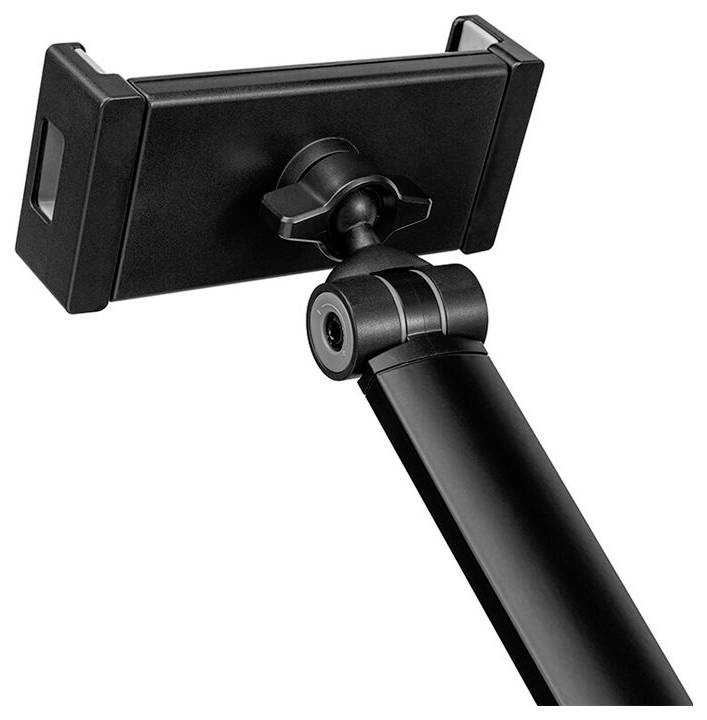 Support de téléphone portable noir sur socle ajustable, adapté à différentes tailles d'appareils, avec articulation rotative pour ajuster l'orientation.