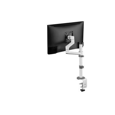 Un bras de moniteur ajustable en argent et noir est fixé à un bureau. Le bras supporte un grand écran d'ordinateur.