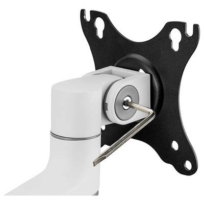 Bras de moniteur blanc avec support noir et outils de montage présentés.