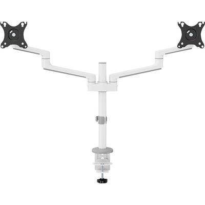 Support de moniteur à deux bras ajustables pour la fixation d'écrans. La base est adaptée à un montage sur bureau.