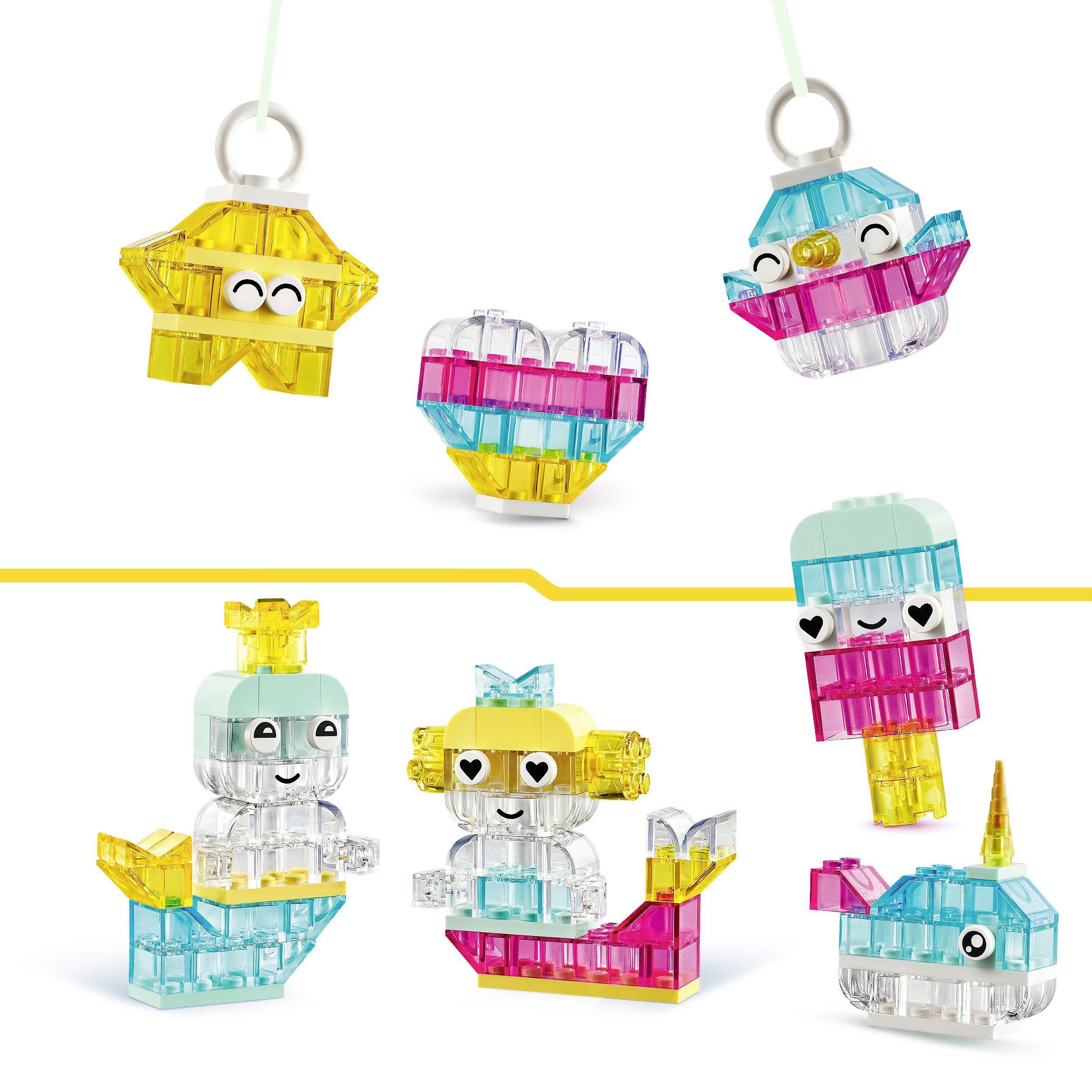 Animaux et personnages colorés en blocs de construction : Une étoile de mer jaune, un cœur, une figurine avec un chapeau bleu et rose, une sirène et une licorne.