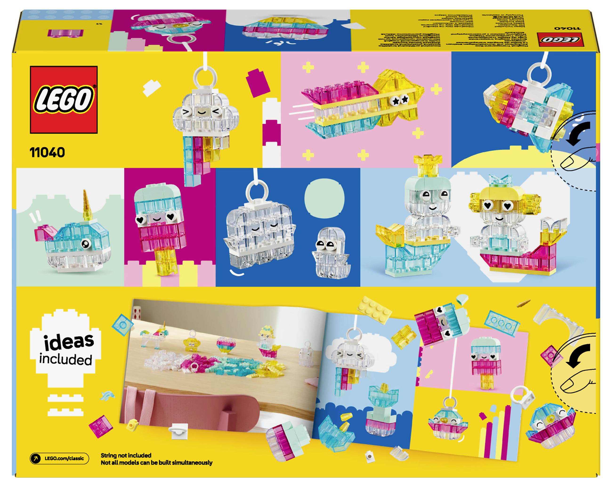 Une boîte LEGO avec des blocs opaques et transparents dans différentes couleurs vives. Contient des idées pour créer des figures arc-en-ciel.