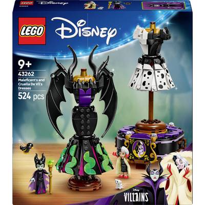 Kit LEGO Disney pour enfants de 9 ans et plus avec 524 pièces. Présente Maléfique et Cruella de Vil dans des costumes fantastiques et détaillés.