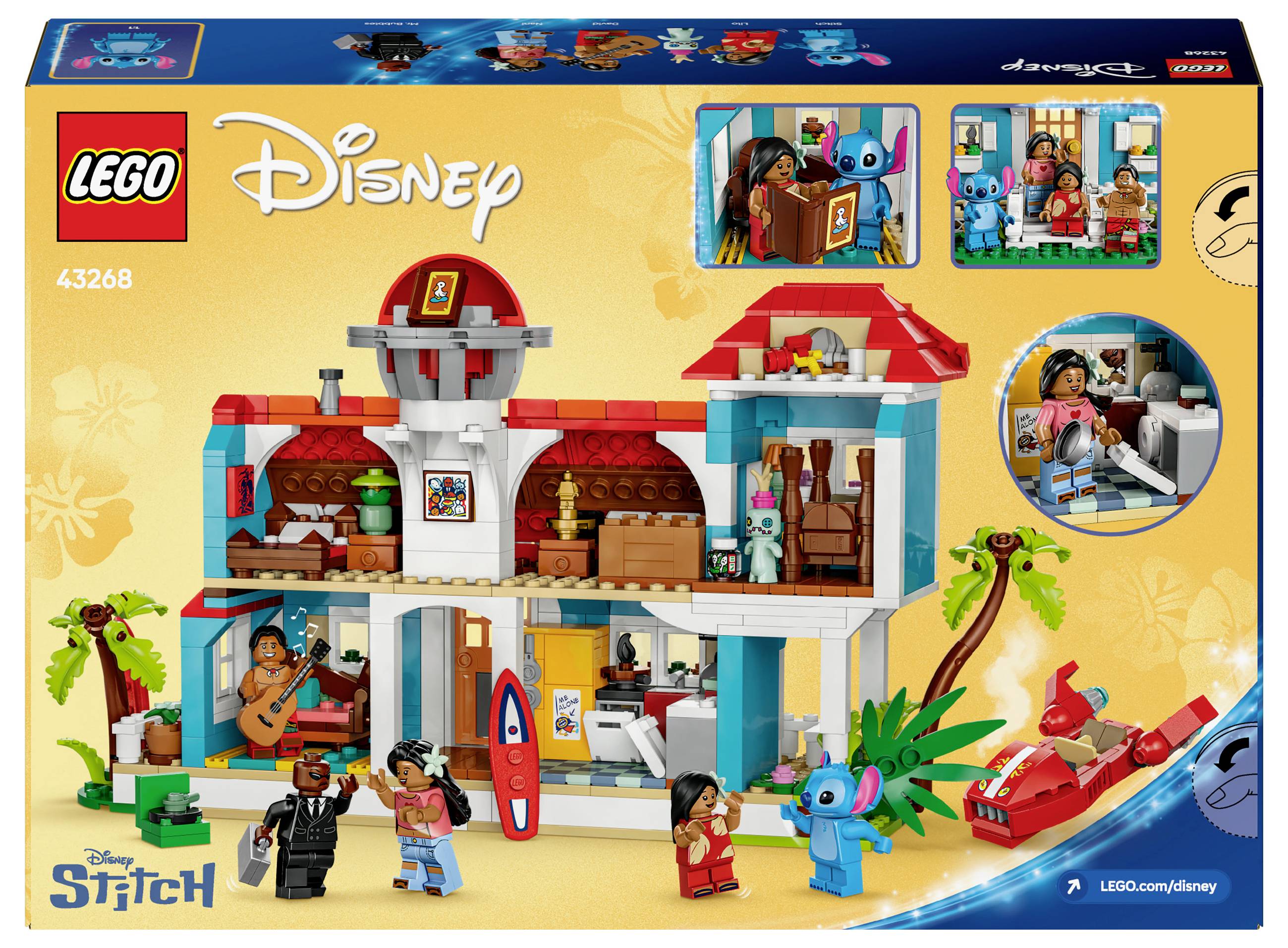 Ensemble LEGO Disney 43268 : Une maison sur deux étages, avec les personnages principaux Lilo et Stitch, présentant des scènes de films, accompagné d'accessoires comme une planche de surf.