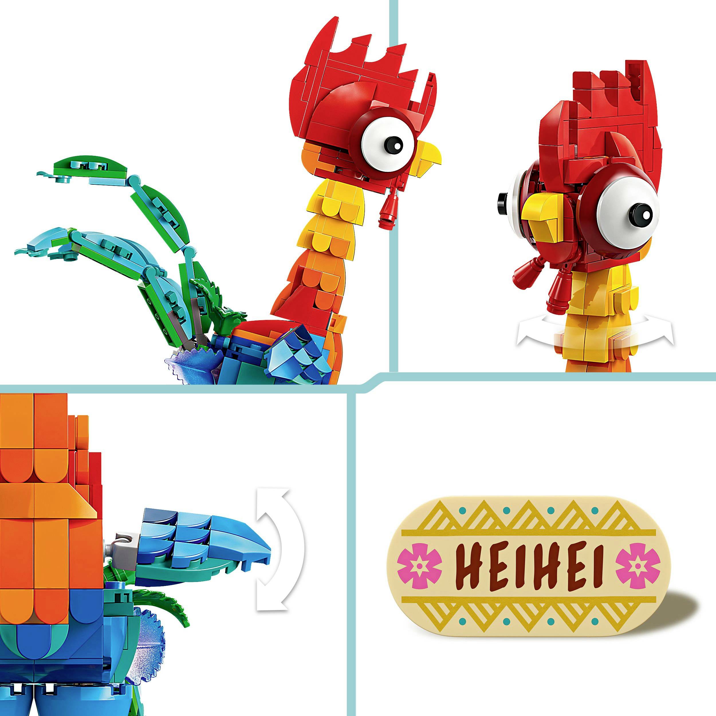 Kit 'HeiHei' en briques Lego colorées avec un motif de perroquet. Le perroquet présente des ailes mobiles et une tête rouge caractéristique.