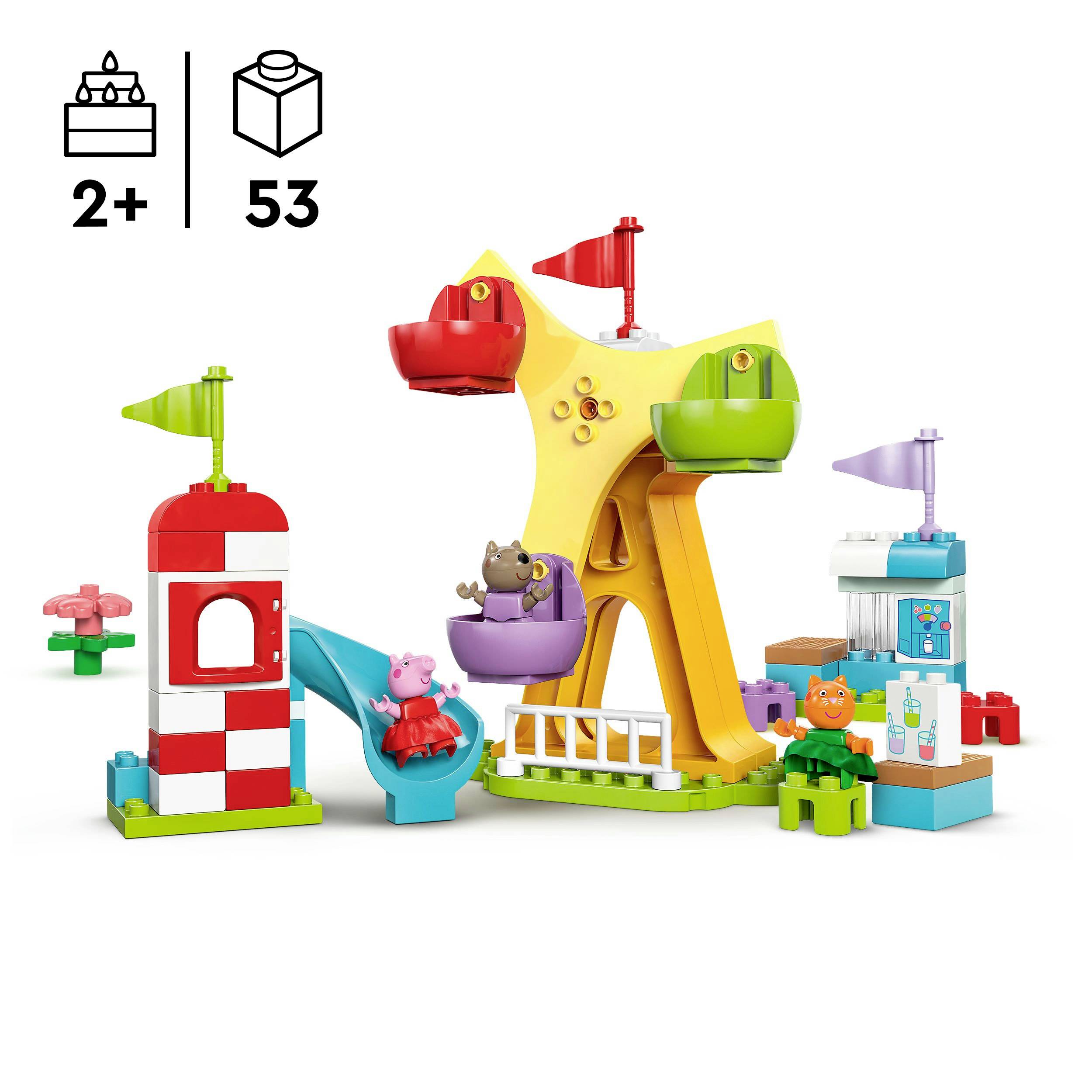 Kit de jeu pour enfants à partir de 2 ans, contient 53 pièces. Une scène colorée de terrain de jeu avec toboggan et personnages est représentée.