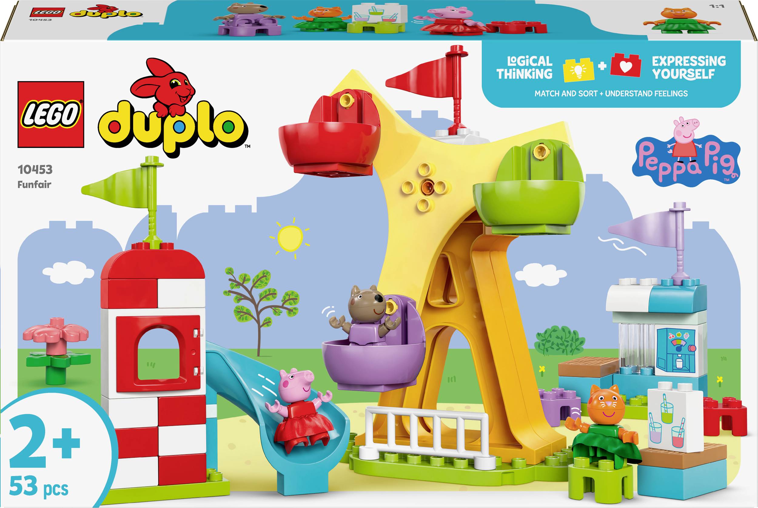 Ensemble de manège LEGO Duplo sur le thème de Peppa Pig. Comprend un toboggan, un carrousel et des figurines pour les enfants à partir de 2 ans. Favorise la pensée logique.