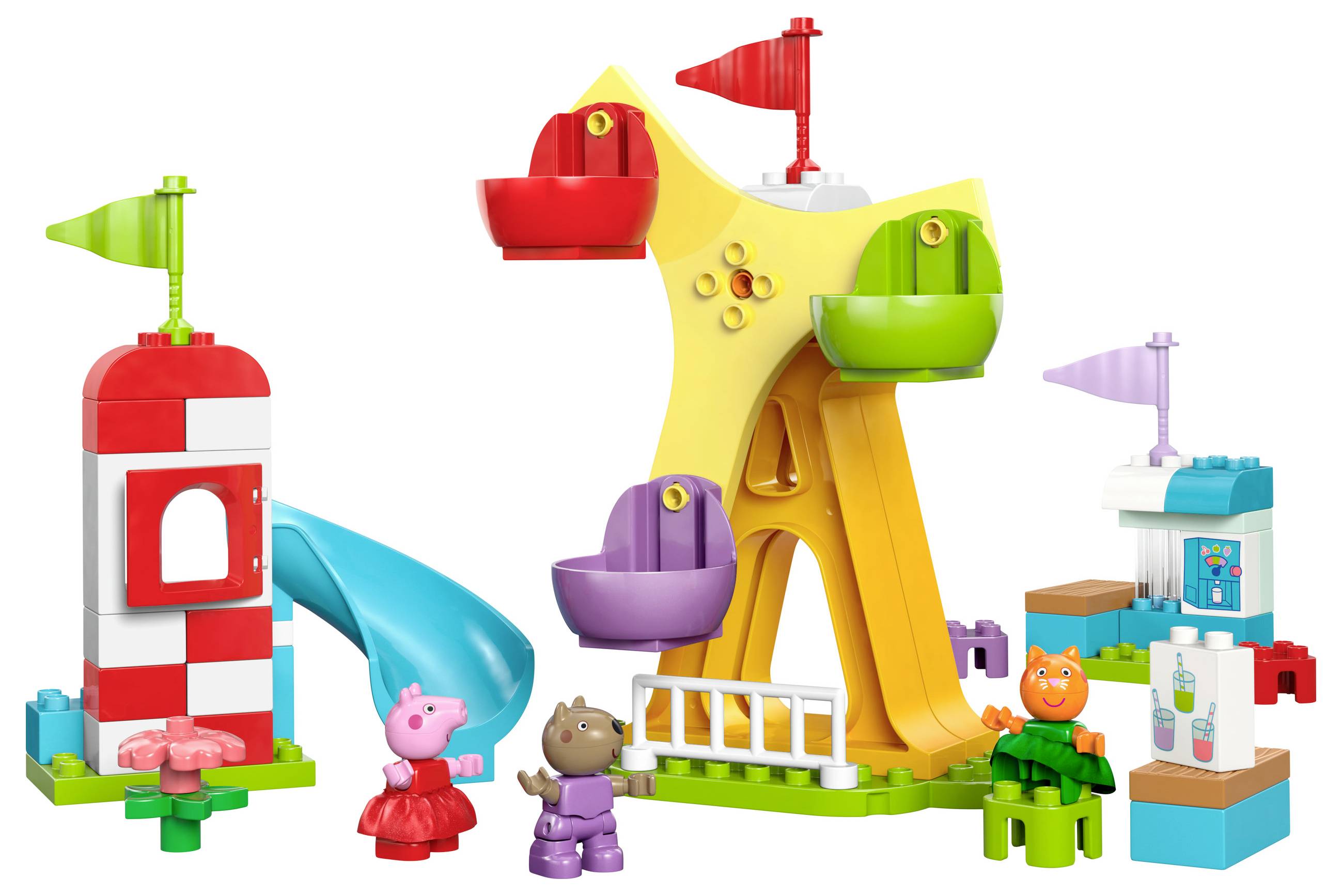 Ensemble de jouets avec des blocs de construction colorés : toboggan, carrousel et figurines d'un cochon, d'un hippopotame et d'un chat. Adapté aux enfants.