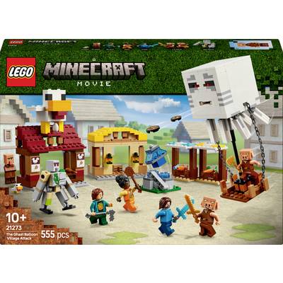 Un ensemble LEGO Minecraft avec des figurines d'un golem, d'un esprit et de villageois dans un village. La boîte présente les créatures et le nombre de pièces : 555.