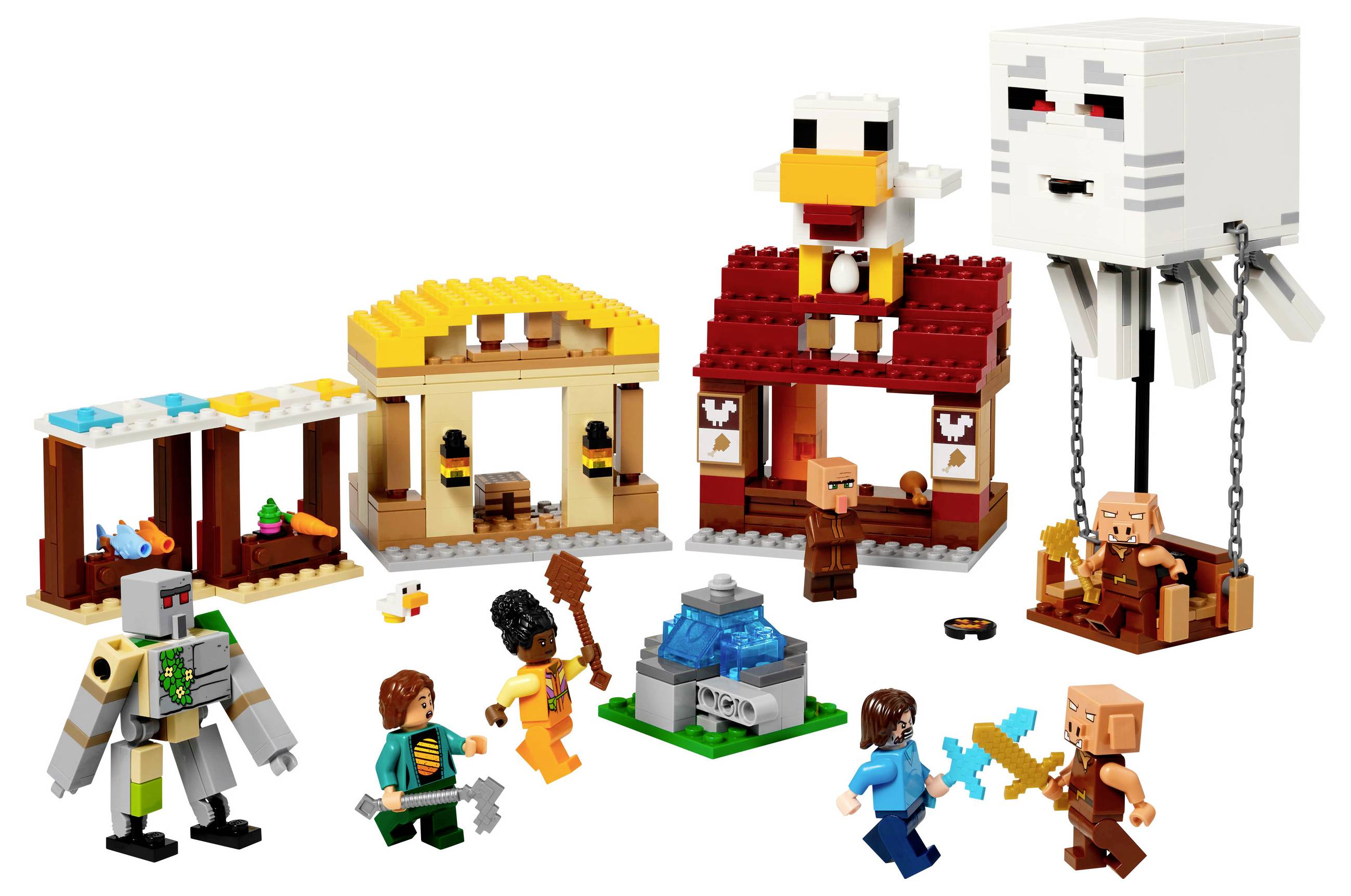 Ensemble de construction LEGO sur le thème de Minecraft : figurines et bâtiments tels que des étals de marché, petites maisons et personnages avec outils et armes.