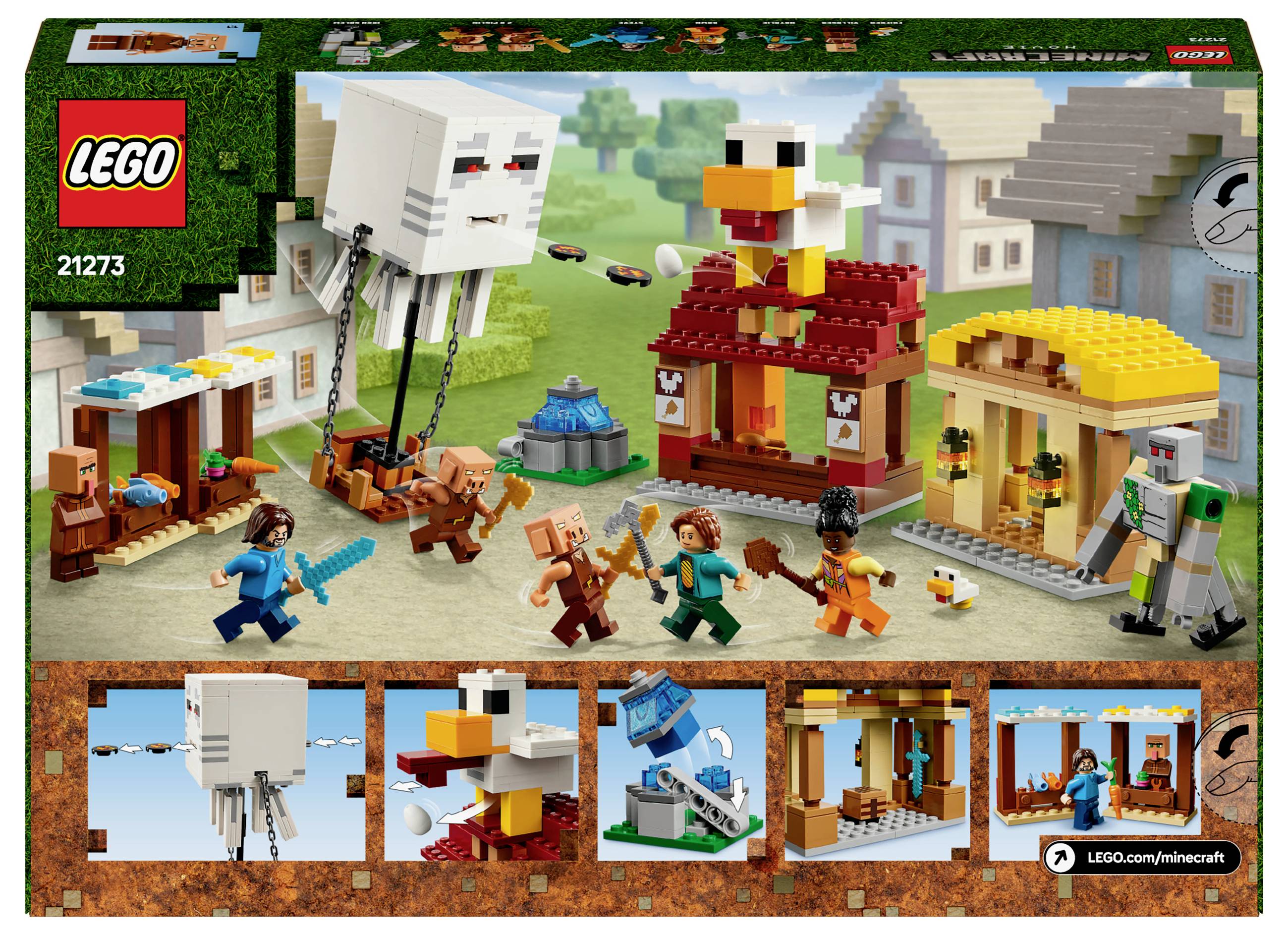 Ensemble LEGO 'Minecraft' avec des figurines et des bâtiments, comprenant un grand mob blanc, un grand poulet et des personnages munis d'outils.