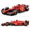 Un modèle de voiture de course LEGO rouge avec des logos de sponsors, dont Shell et HP. Le modèle présente des éléments de voiture de course détaillés.