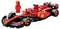 Modèle Lego d'une voiture de Formule 1 rouge avec des logos de marque, accompagné d'une figurine portant une combinaison de course rouge et un casque.