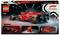 Ensemble LEGO d'une voiture de Formule 1 rouge avec des images détaillées du modèle, sur un fond noir avec les logos LEGO et F1.