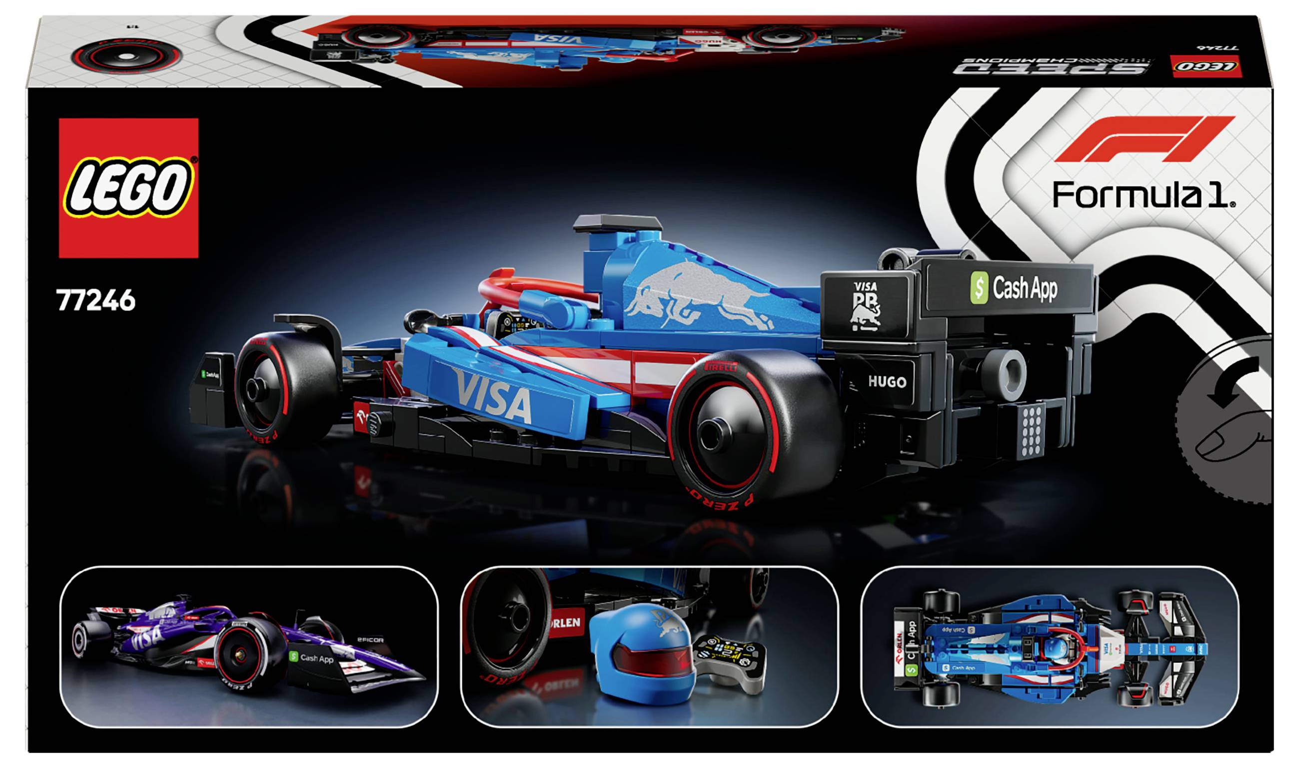 L'emballage d'un ensemble LEGO présente une voiture de Formule 1 en bleu et rouge avec les logos de différentes marques. Contient des logos LEGO et de Formule 1.