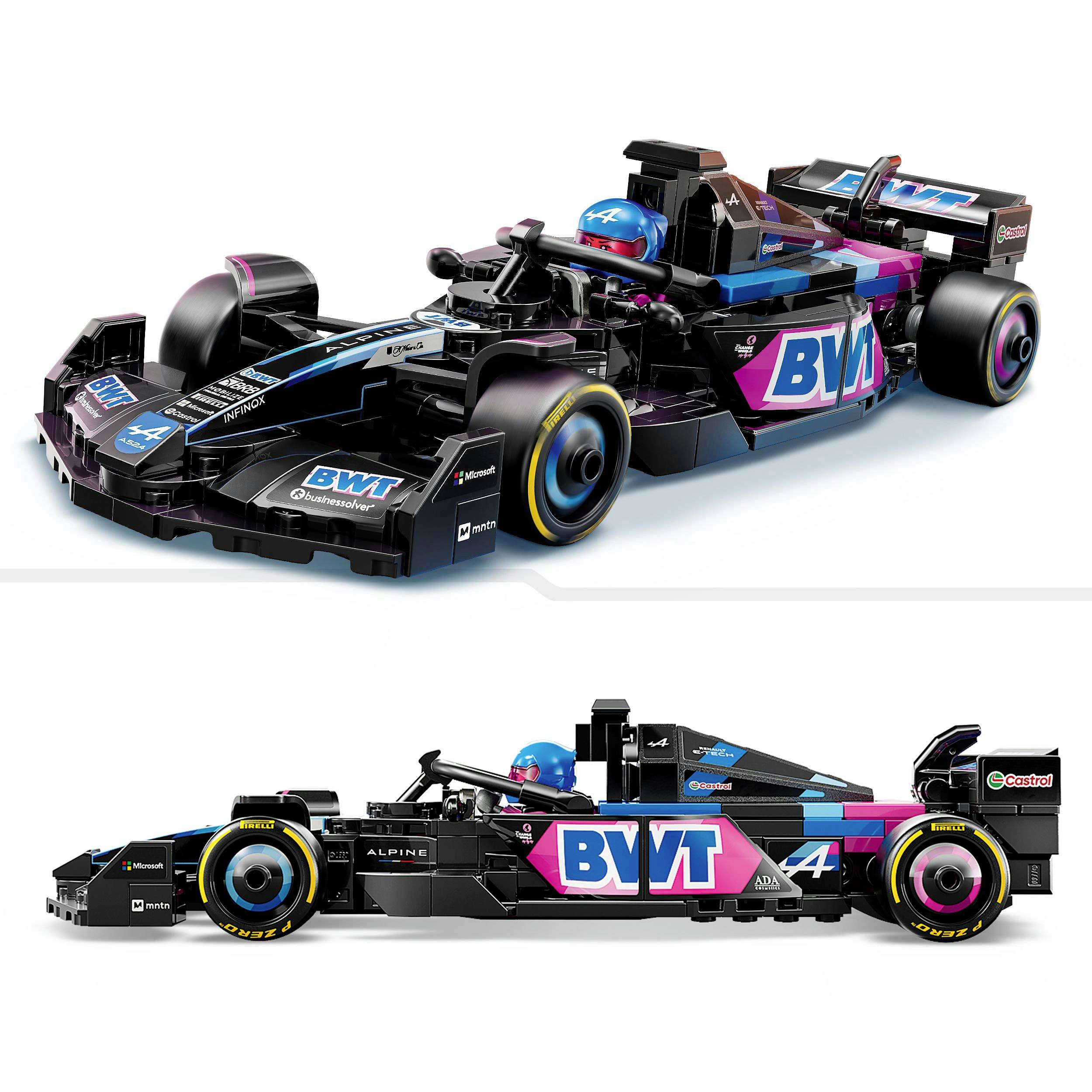 Une voiture de course miniature noire dans le style d'un bolide de course, avec des accents bleus et roses, portant le logo 'BWT'. Vue de face et de profil.