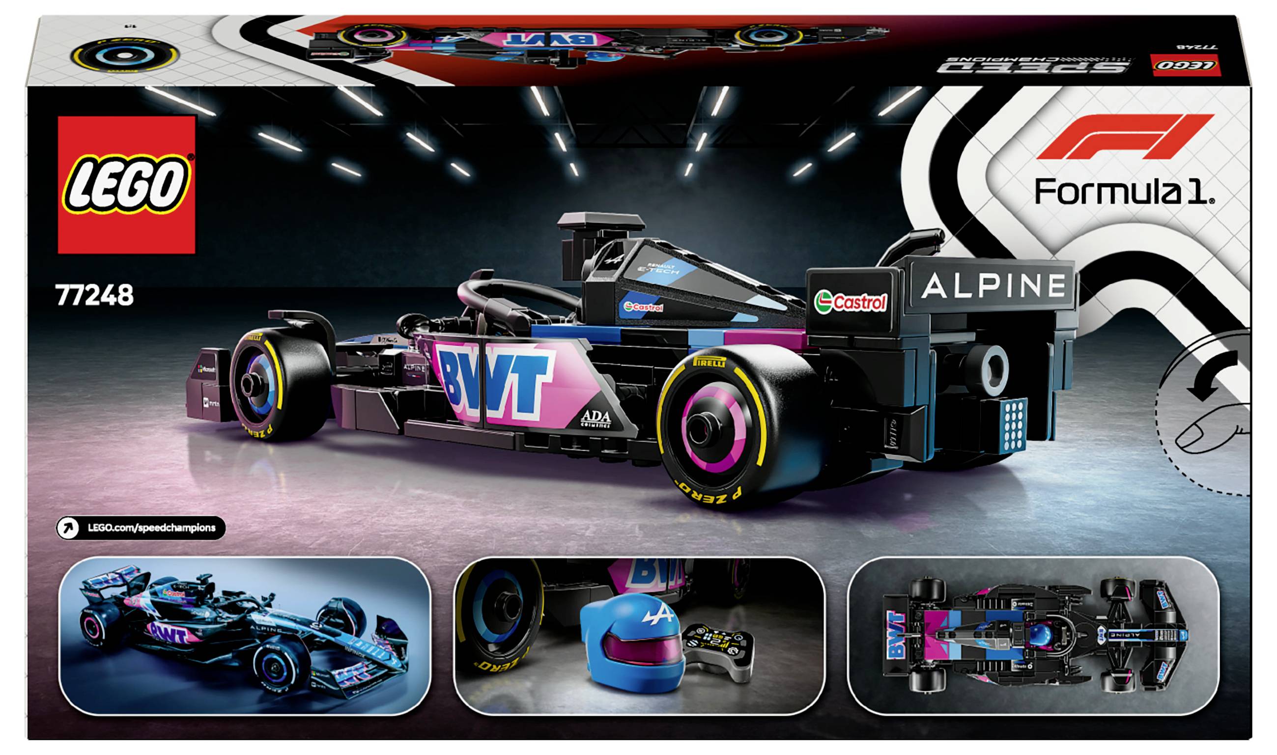 Ensemble LEGO de voiture Alpine F1. L'image principale montre une voiture de course détaillée. Les petites images en bas présentent une vue latérale et des détails.