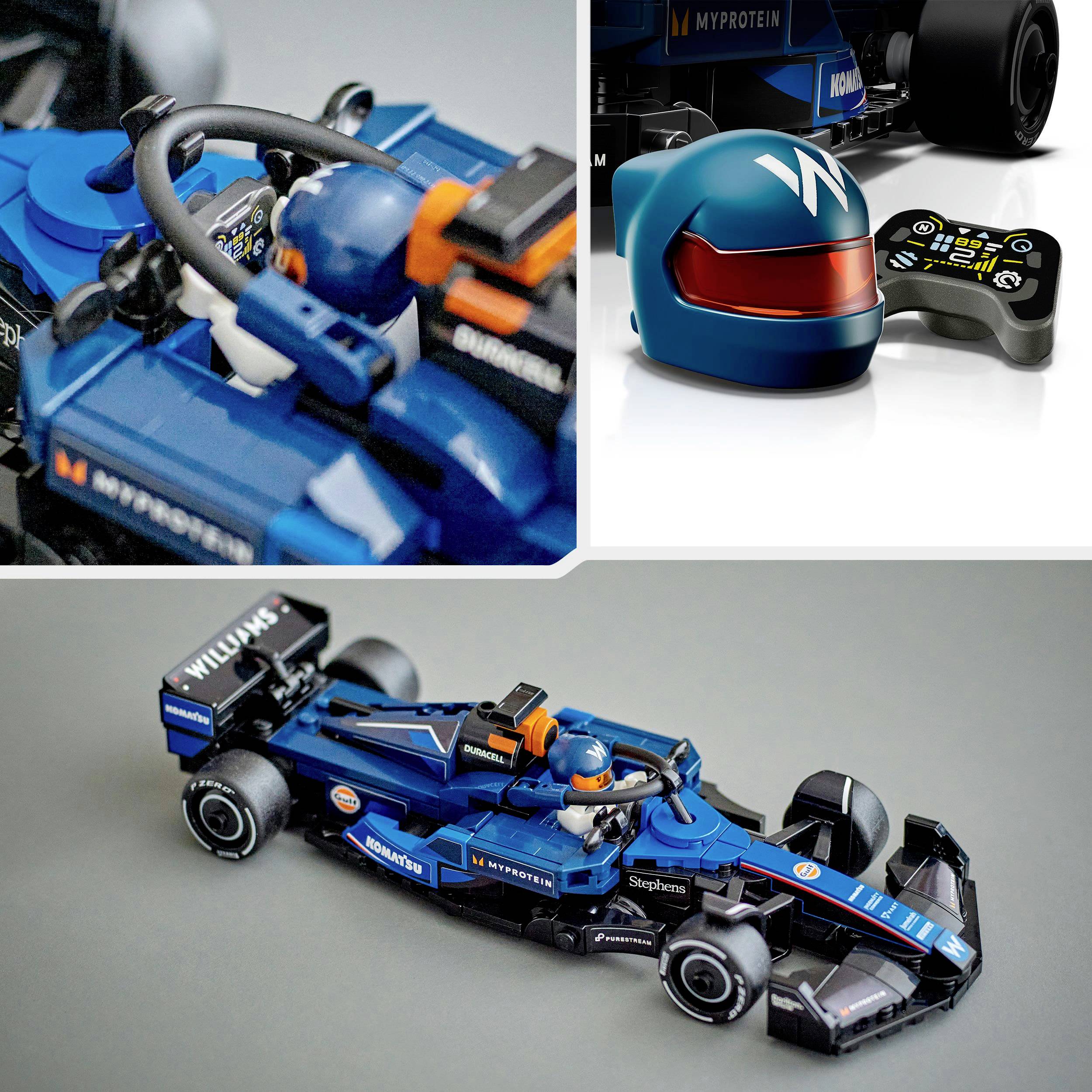 Une voiture de course miniature bleue avec un pilote dans le cockpit. À côté, un casque et une télécommande, tous avec le même design.