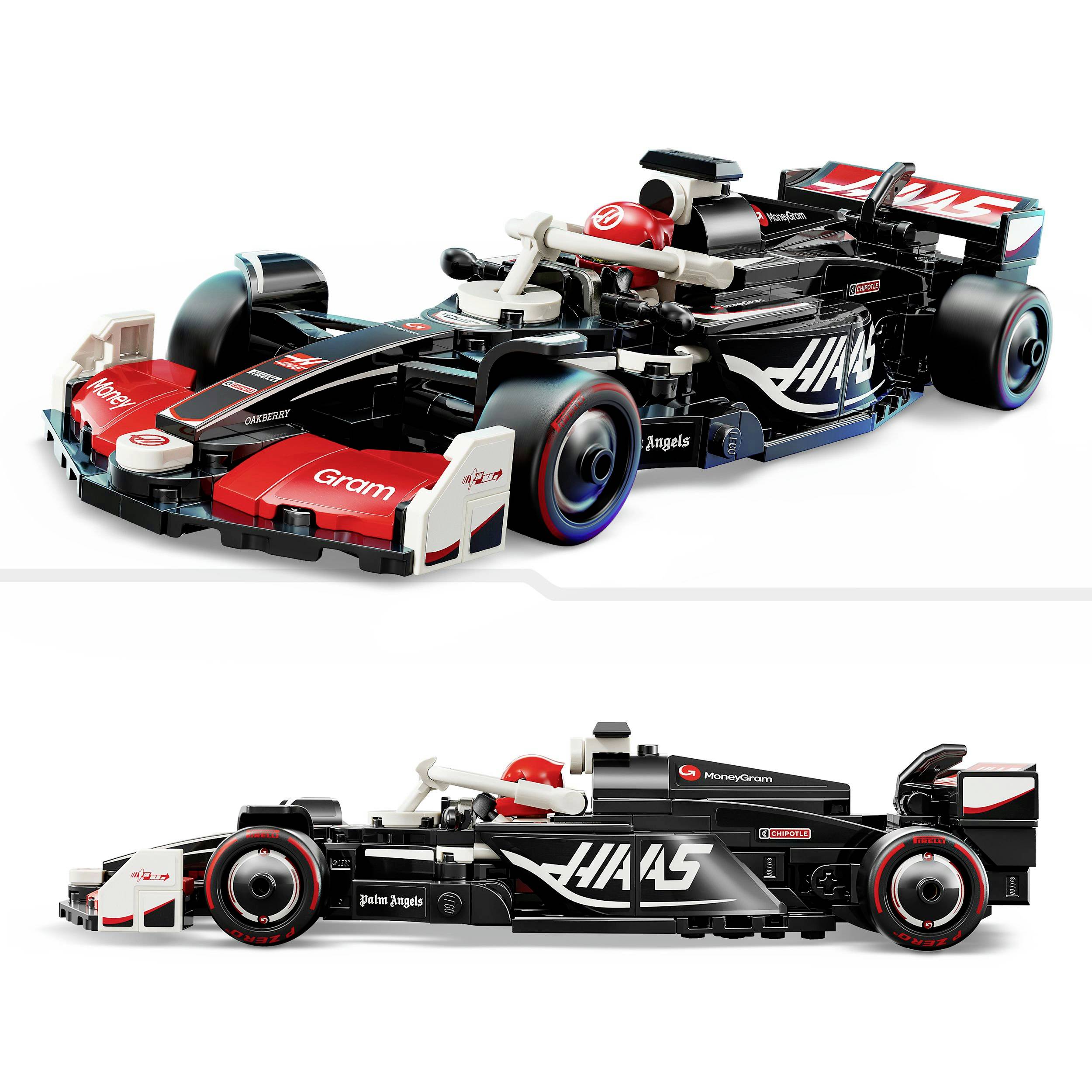 Modèle réduit d'une voiture de course en noir et blanc avec des touches de rouge, inspiré d'un design de Formule 1.