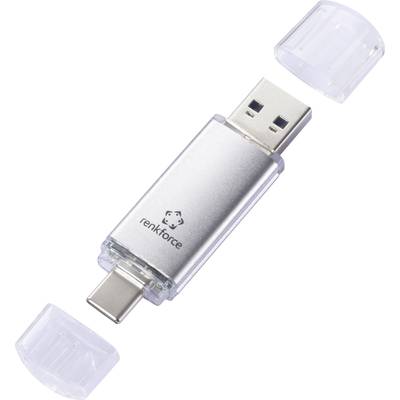 Clé USB à double connectique : USB-A d'un côté, USB-C de l'autre. Boîtier argenté, capuchons de protection transparents retirés.