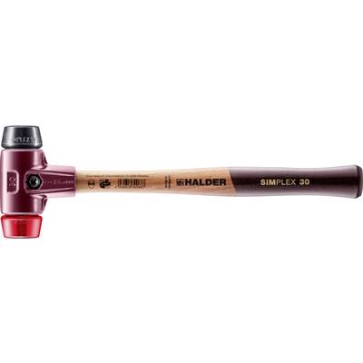 Un marteau avec un manche en bois et une tête rayée rouge et noir. Sur le manche est inscrit 'HALDER SIMPLEX 30'.