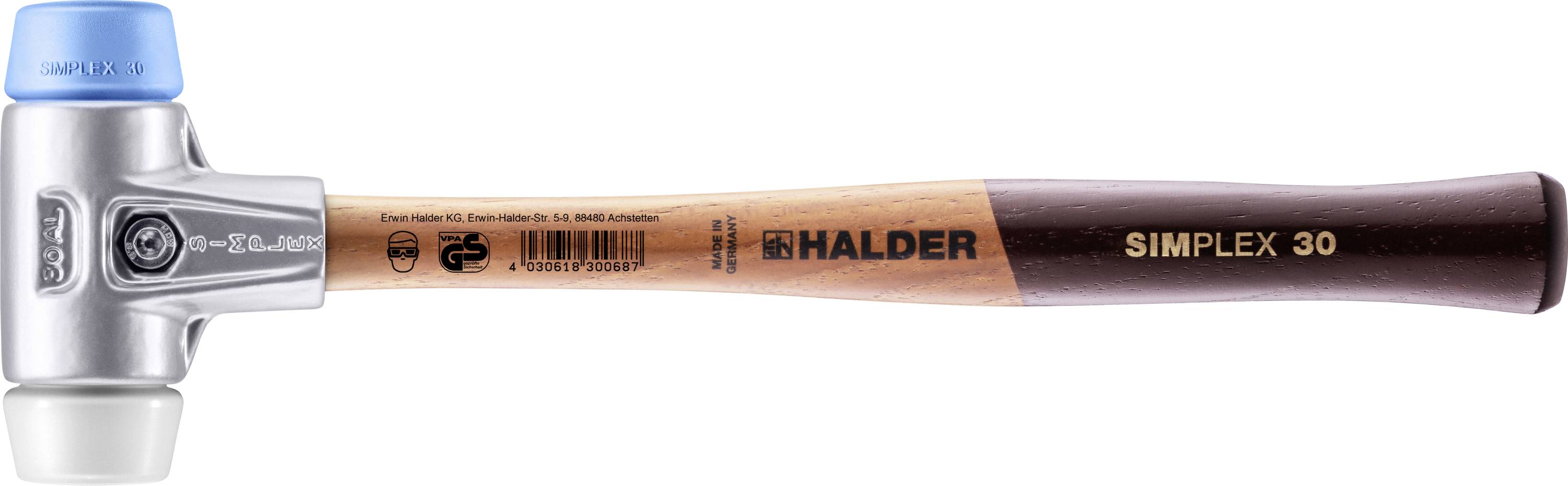 Un marteau à tête de frappe bleue et blanche, manche en bois portant le logo Halder et l'inscription 'Simplex 30'.