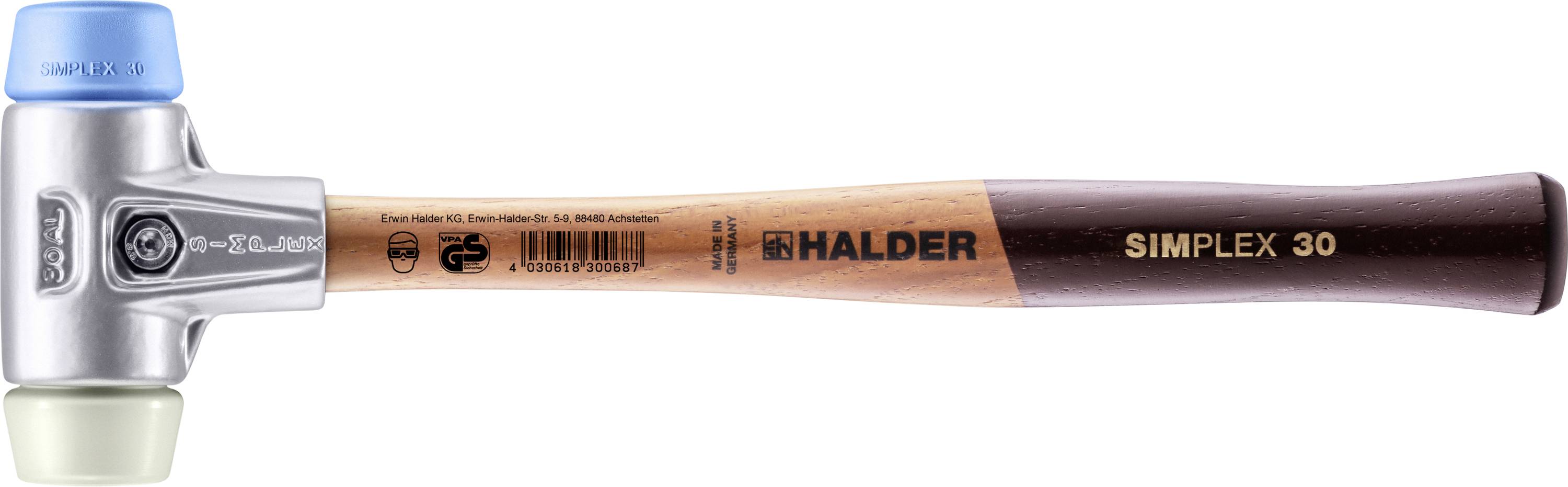 Marteau 'Halder Simplex 30' avec manche en bois et têtes interchangeables, bleu et blanc. Idéal pour des travaux précis et délicats.
