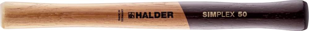 Manche en bois d'un marteau, marqué 'SIMPLEX 50' et 'HALDER'. À gauche, teinte naturelle claire, à droite, ton de bois plus foncé.