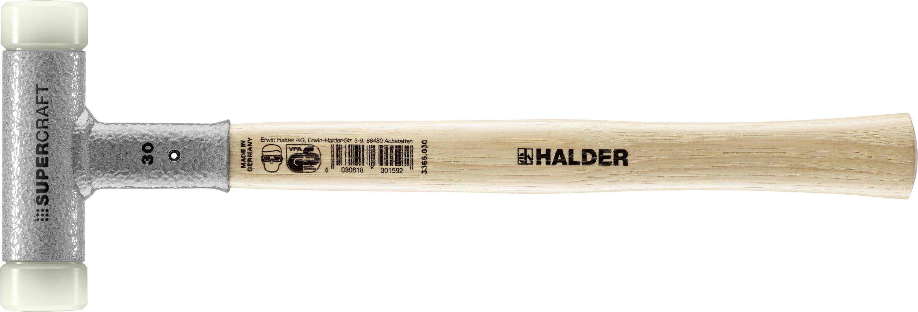 Marteau en caoutchouc avec manche en bois et deux têtes en plastique, portant les marques 'Halder' et 'Supercraft' bien visibles. Adapté pour des frappes précises.