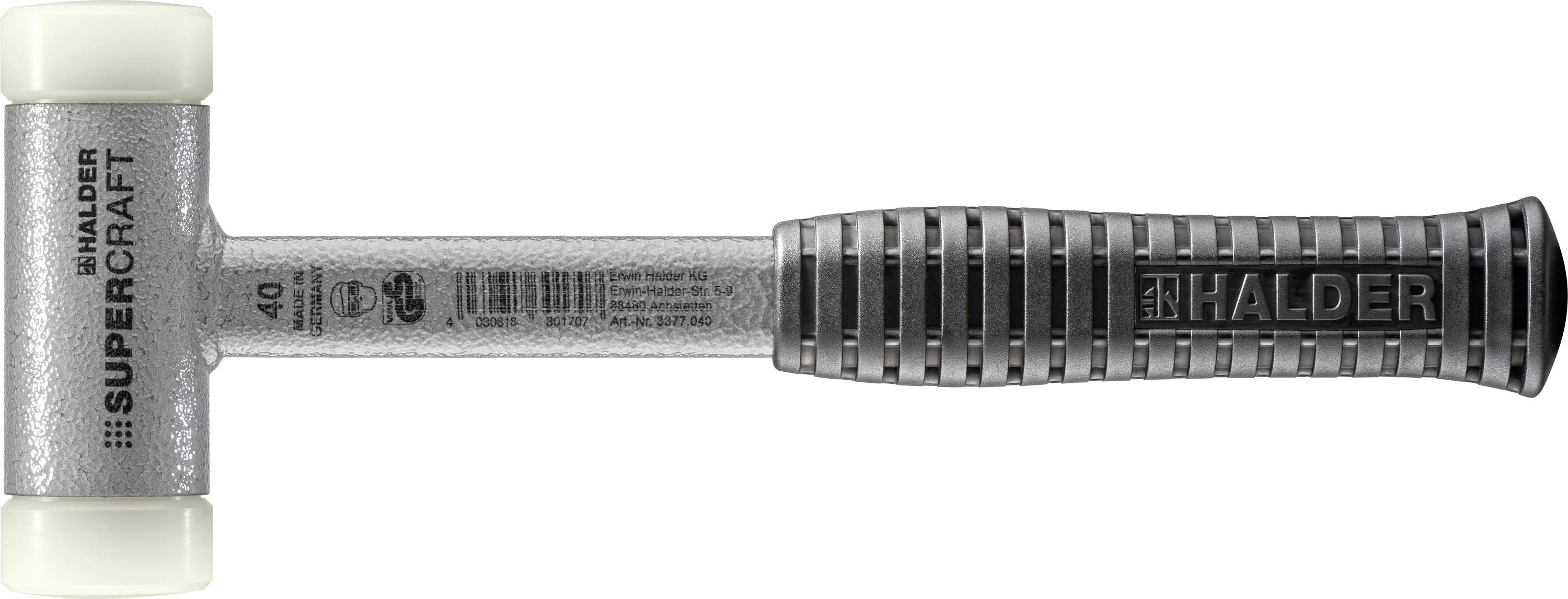 Un marteau avec des têtes cylindriques en plastique, une poignée en métal portant les inscriptions 'SUPERCRAFT' et 'HALDER'.