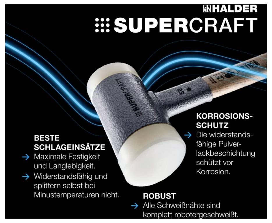 Un maillet en caoutchouc Halder 'Supercraft' avec détails : Meilleurs inserts de frappe, résistant à la corrosion, robuste grâce à des coutures soudées par robot.