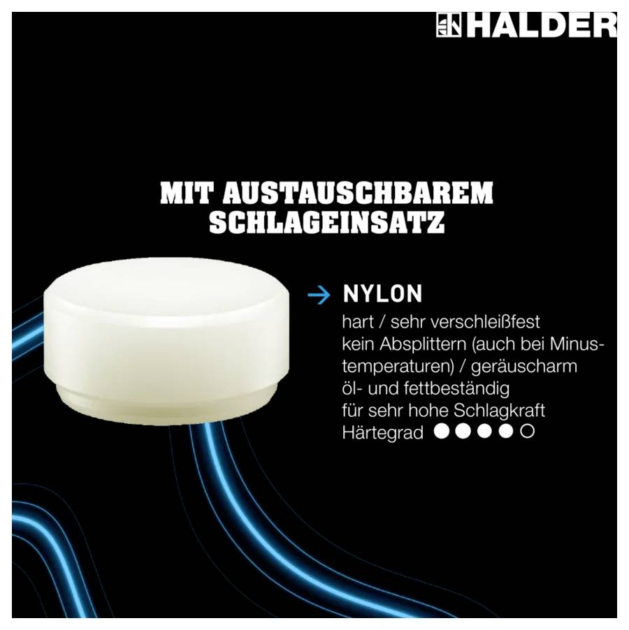 Un embout de frappe blanc en nylon de Halder, interchangeable, dur, résistant à l'usure, résiste aux huiles et aux graisses, pour un impact élevé.