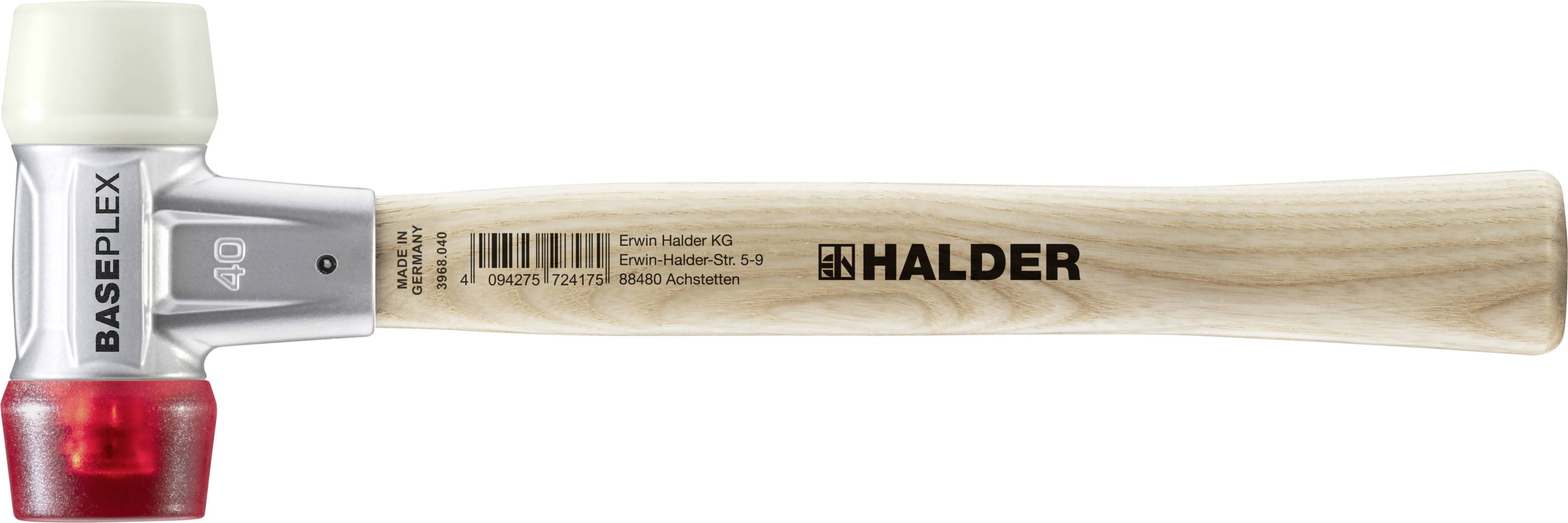 Un marteau avec manche en bois et têtes en plastique, une blanche et une rouge. Sur le manche est inscrit 'BASEPLEX' et la marque 'HALDER'.