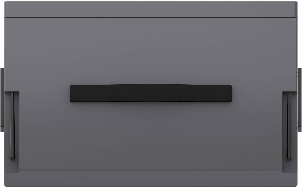 Armoire à tiroirs grise avec une poignée noire au centre. Les côtés ont des poignées noires. Design minimaliste.