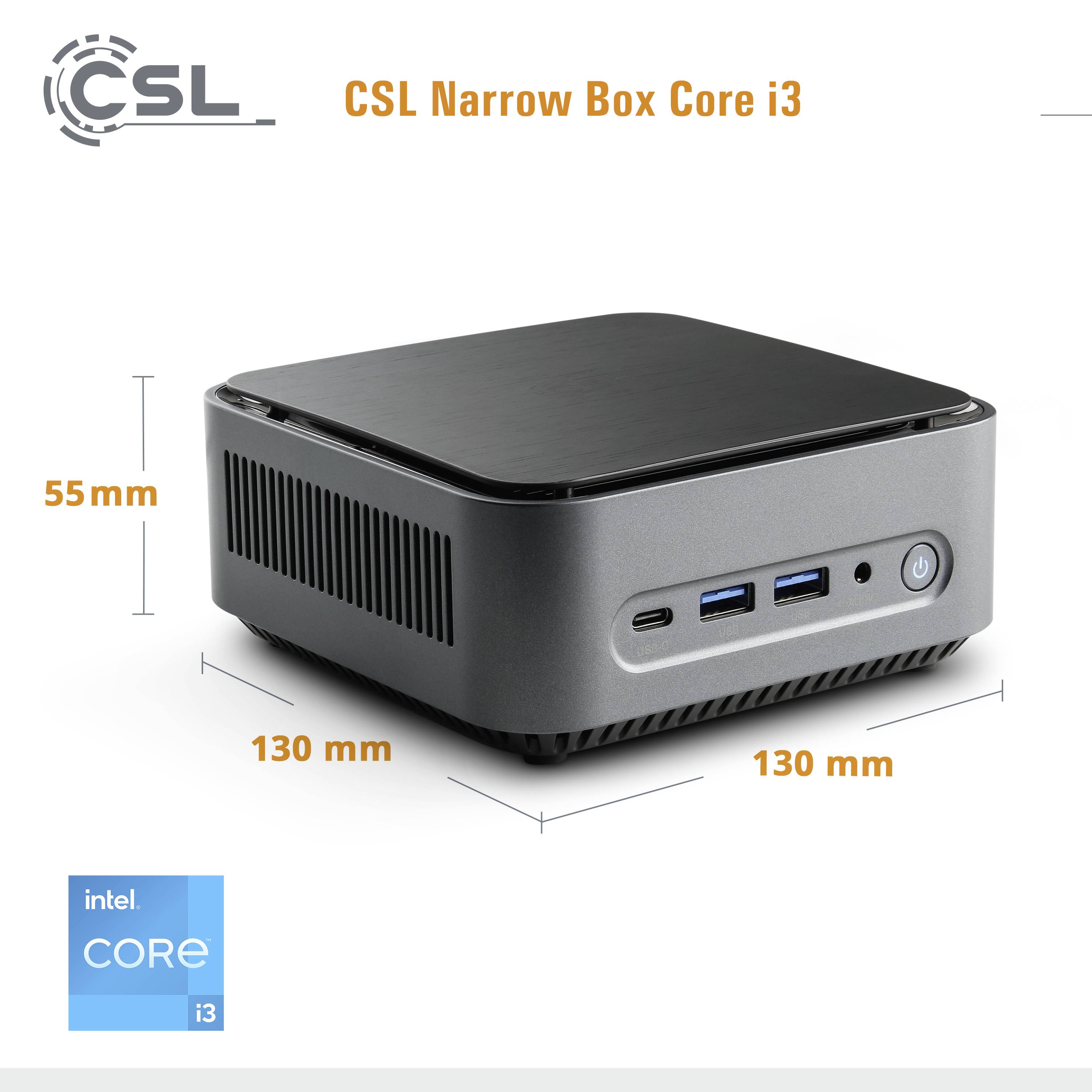 'CSL Narrow Box Core i3' : Petit, gris, mini-PC cubique avec processeur Intel Core i3. Dimensions : 130 x 130 x 55 mm. Doté de ports USB.