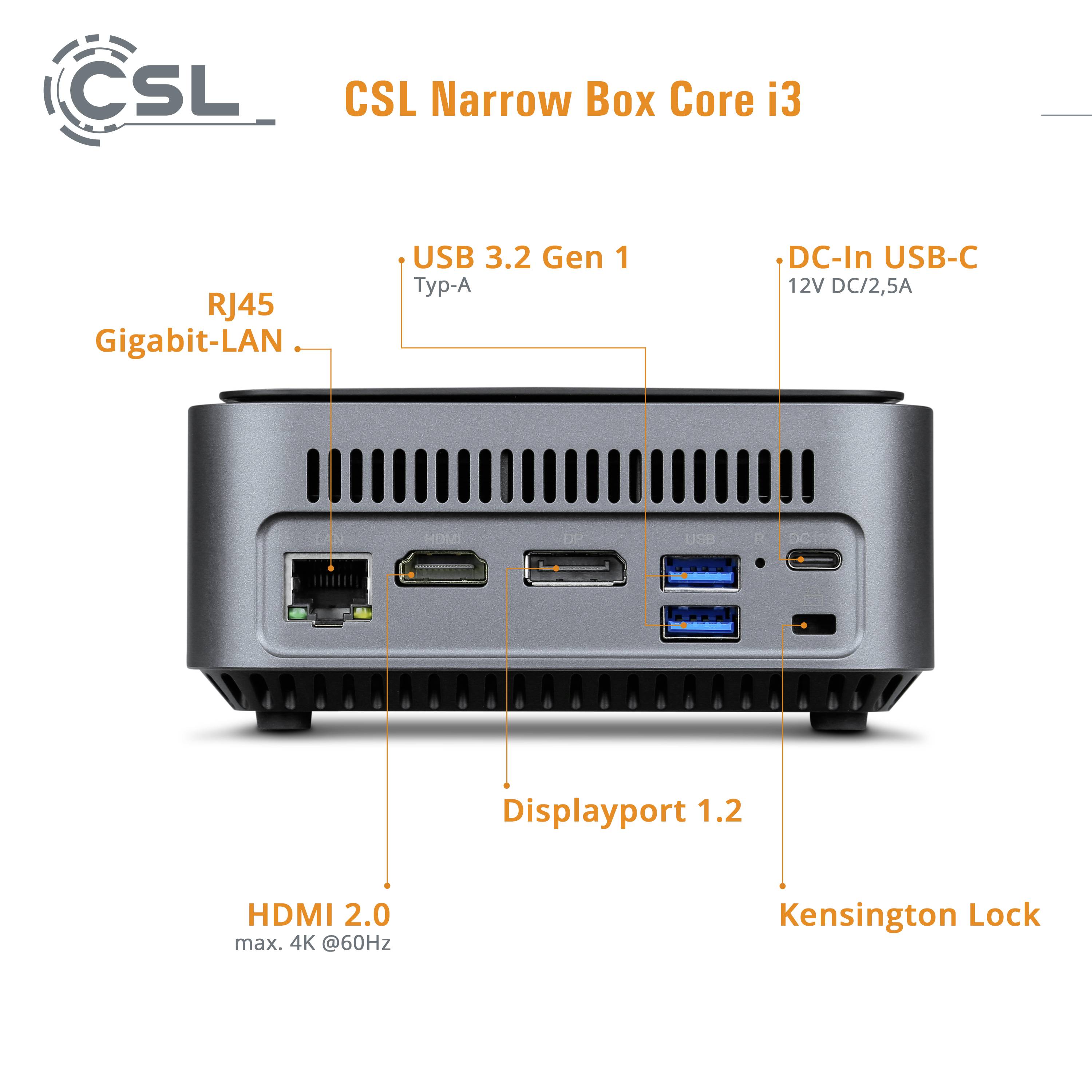 'CSL Narrow Box Core i3' montre l'arrière d'un mini-PC avec les ports suivants : RJ45 Gigabit-LAN, HDMI, USB 3.2 Gen 1, Displayport, entrée DC USB-C, verrou Kensington.
