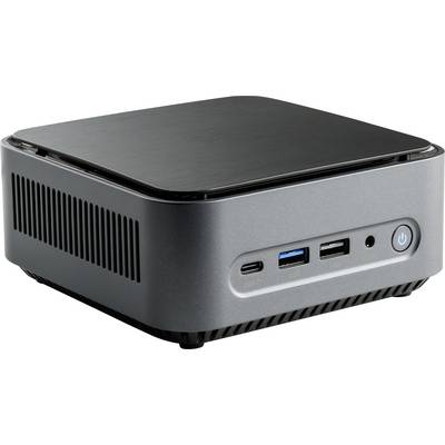 Un ordinateur compact et carré doté de plusieurs ports à l'avant, notamment USB-C, USB-A et un interrupteur d'alimentation.