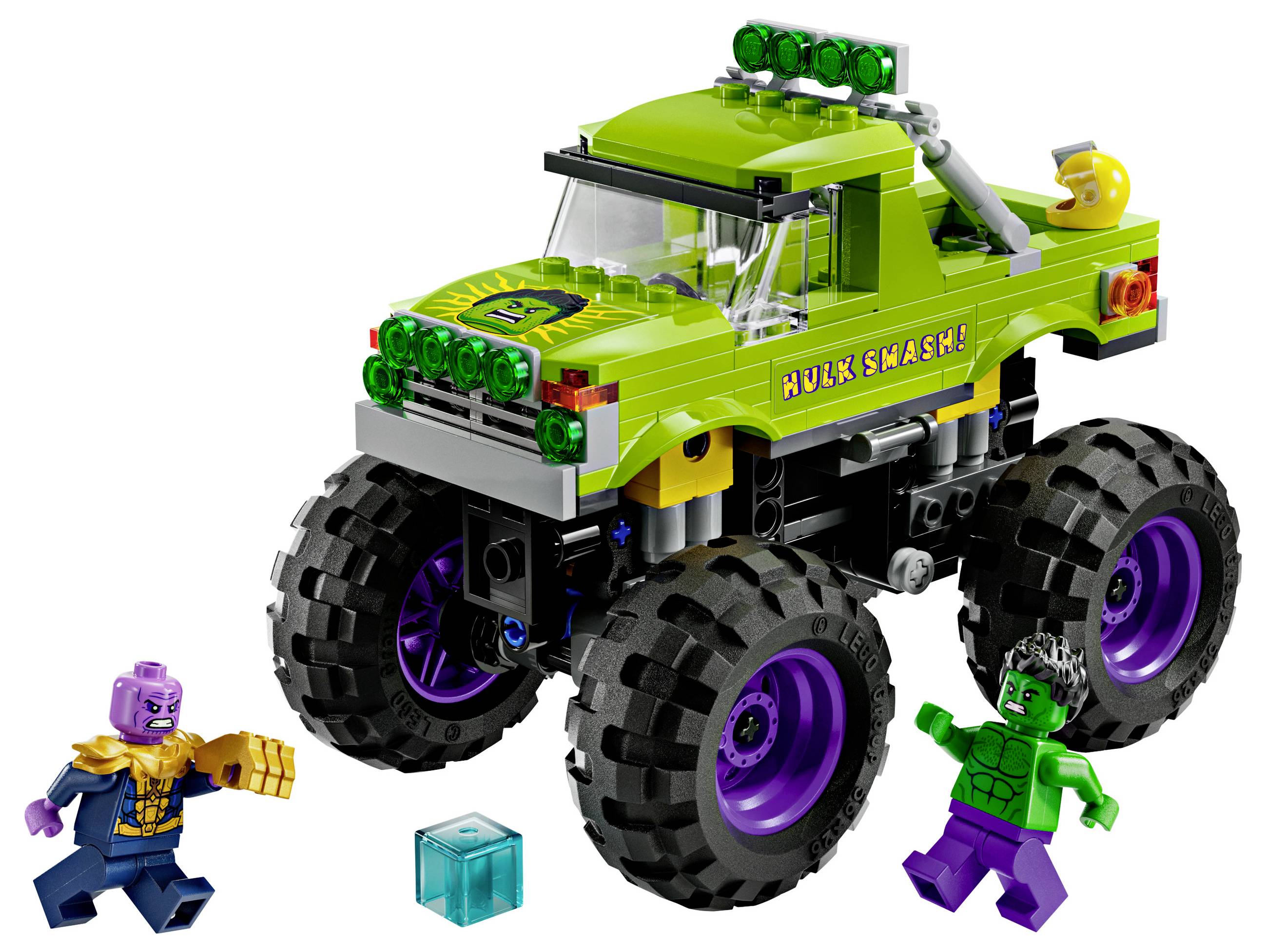 Modèle de monster truck LEGO vert avec inscription « Hulk Smash ! ». Comprend des figurines Hulk et d'adversaires. Conçu pour un jeu créatif.