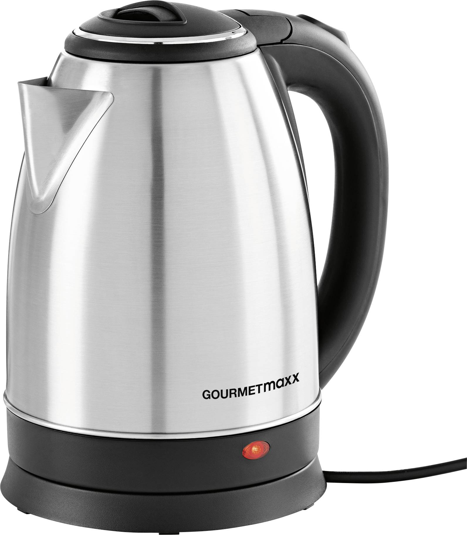 Bouilloire en argent avec poignée noire, câble et interrupteur. Marquage 'GOURMETmaxx' sur le côté.