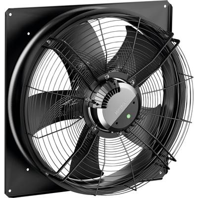 Ventilateur noir avec grille métallique et cinq pales, monté sur un mur, montré de profil.
