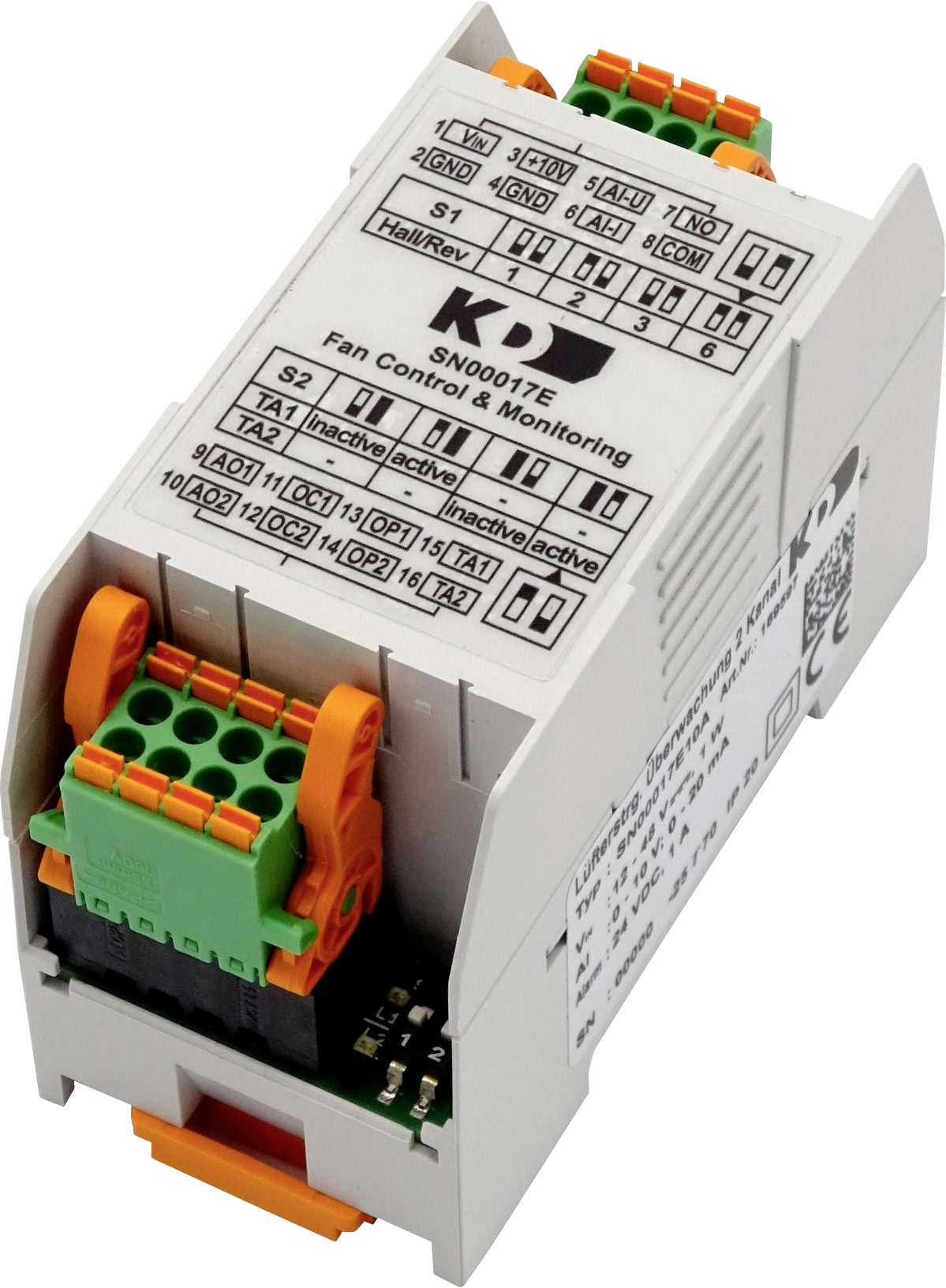 Module de contrôle et de surveillance de ventilateur, modèle SN007E. Présente les bornes de connexion et les étiquettes pour l'alimentation électrique et le contrôle.