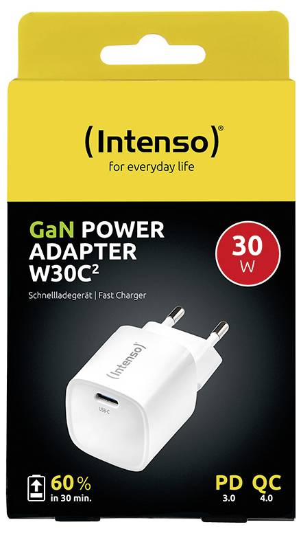 Chargeur rapide 'Intenso GaN Power Adapter W30C2' de 30 W sur emballage noir. Promet 60% de charge en 30 min. PD3.0, QC4.0.