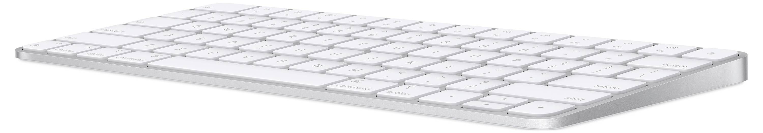 Clavier blanc sans fil au design plat, présenté sur un fond blanc, vu de côté.