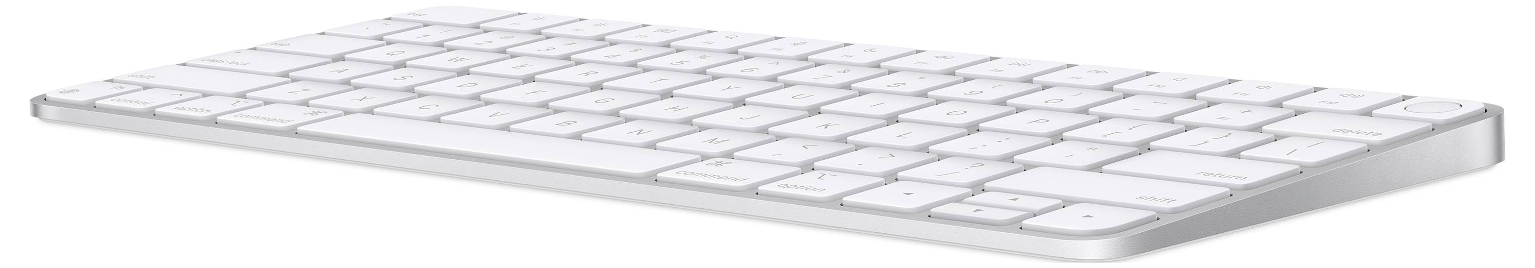 Un clavier blanc plat et sans fil avec des touches dans une disposition compacte. Idéal pour une utilisation avec des ordinateurs de bureau ou des ordinateurs portables.