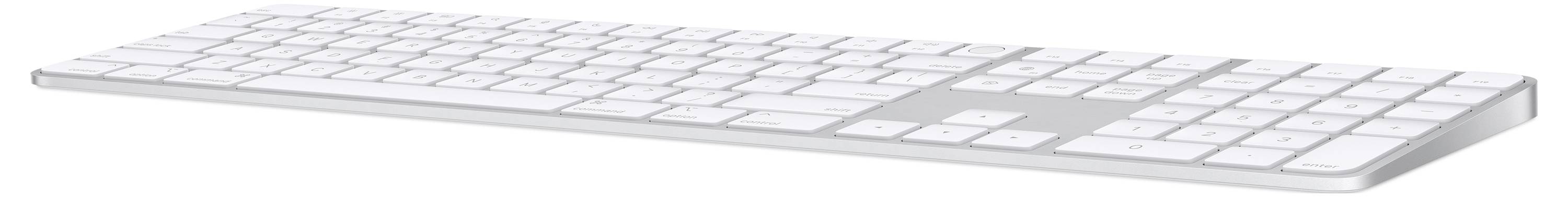 Un clavier d'ordinateur élégant, blanc, avec des touches plates et un pavé numérique séparé, parfaitement adapté pour un usage professionnel et domestique.