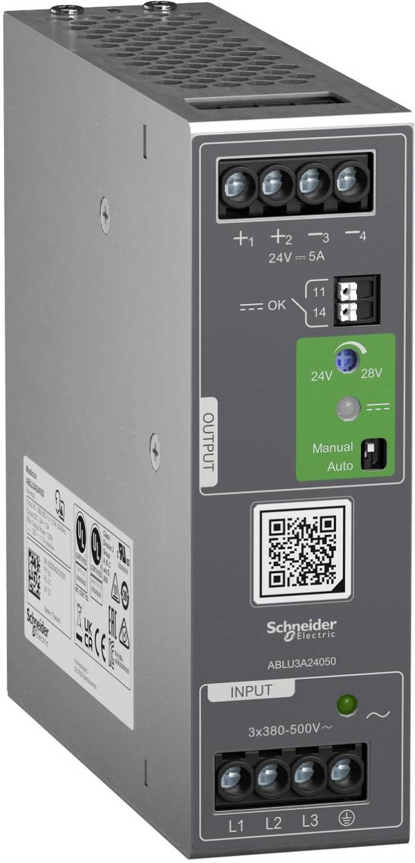 Schneider Electric ABLU3A24050 Alimentation électrique, Modicon ABLU, Universal, cadencée, 380-500V AC, TRIPHASÉ, 24 V DC, 5 A, 120 W. Alimentation électrique           1 pc(s)