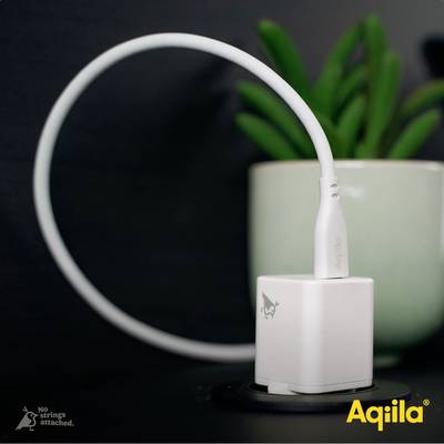 Un chargeur sans fil avec une plante en arrière-plan. Le texte 'No Strings Attached' et la marque 'Aqiila' sont visibles.