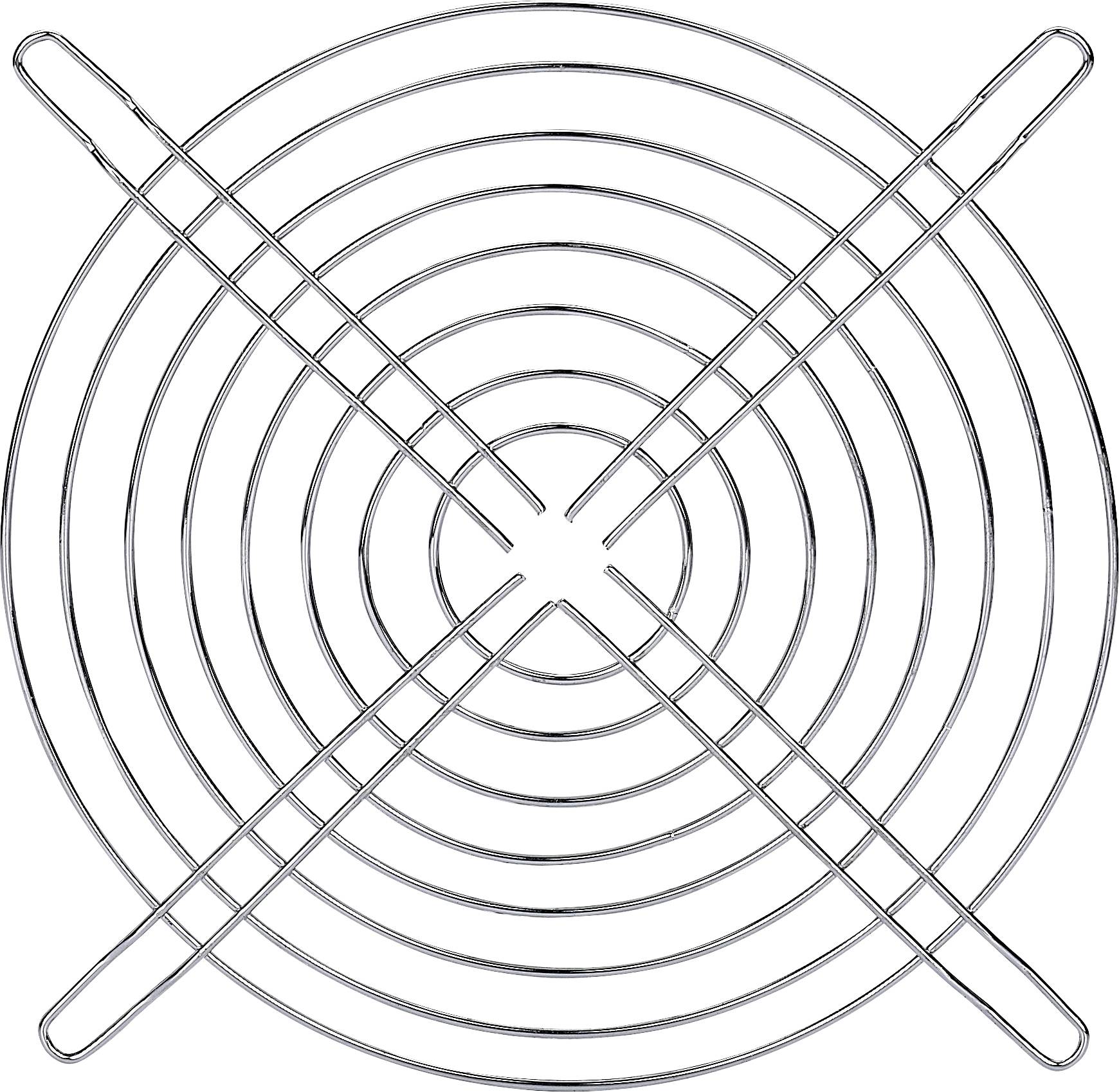 Une grille métallique argentée, circulaire, composée d'anneaux parallèles et concentriques, avec un renfort en forme de X au centre.