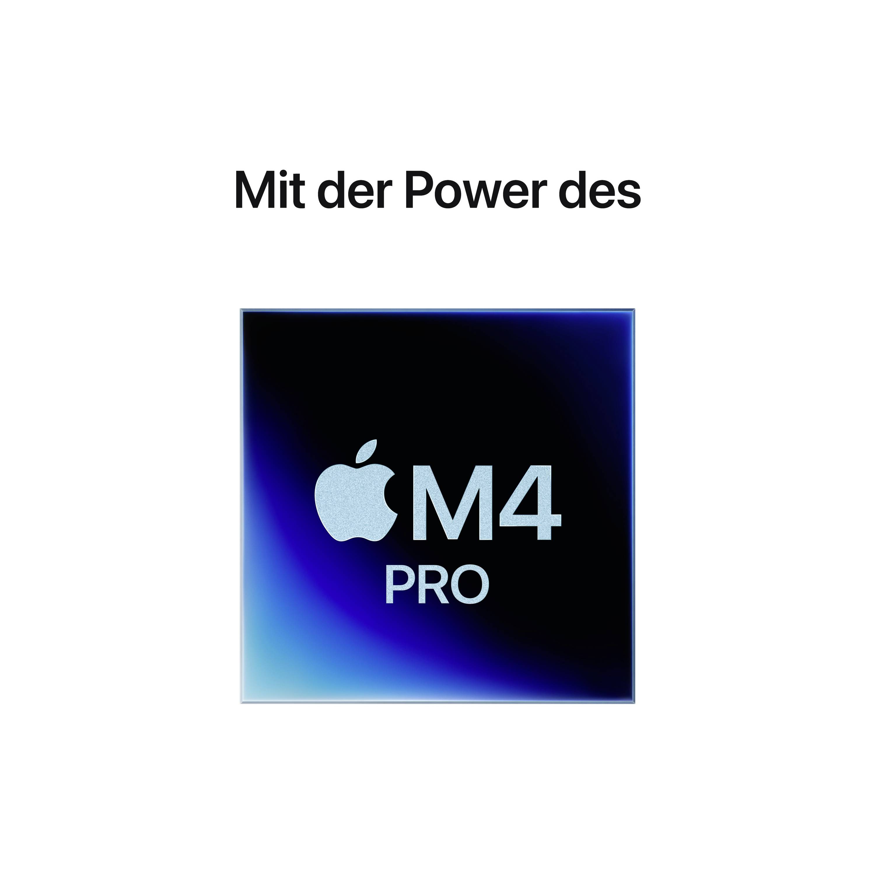 « Avec la puissance du M4 Pro » – Un carré bleu et noir affiche le logo Apple et l'inscription « M4 PRO ».
