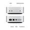Un ordinateur compact avec des ports : En haut, USB-C et prise casque, en bas Ethernet, HDMI, trois ports Thunderbolt 4.